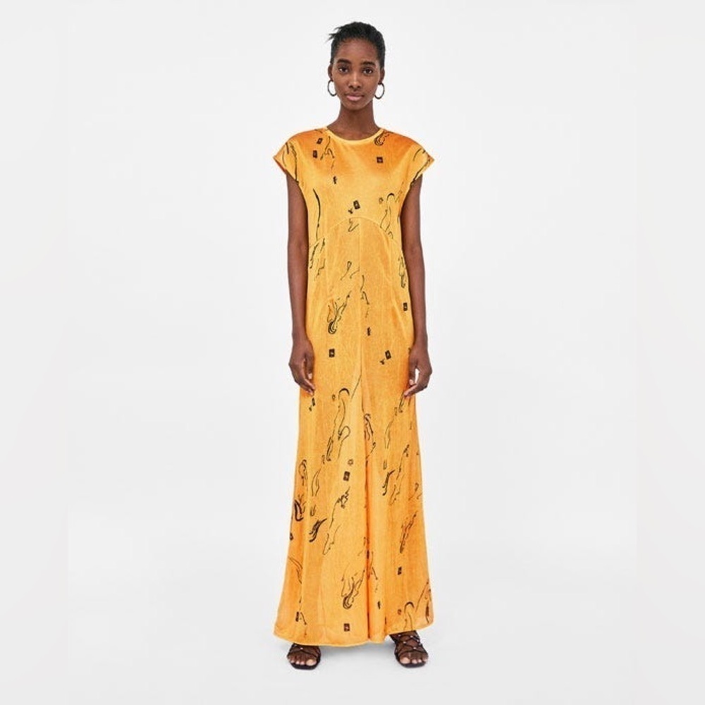 Zara Collection Womens Size Medium Yellow Black Print Crewneck Flowy Maxi Dress